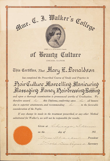 (BUSINESS.) WALKER, MADAM C. J. Diploma from Madame C. J. Walker's College of Beauty Culture for Mary E. Donaldson.